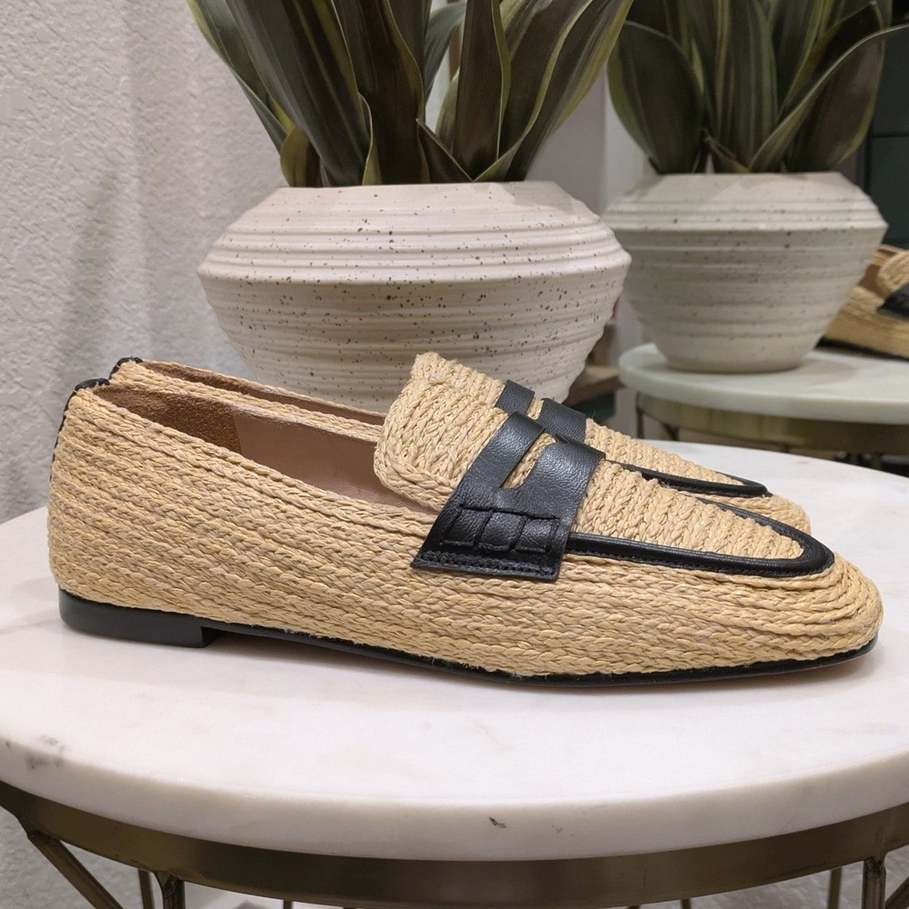 Farm Rio Raffia Penny Loafers Women 7 Beige Black Leather Trim Woven Flat Shoes - Picture 3 of 8